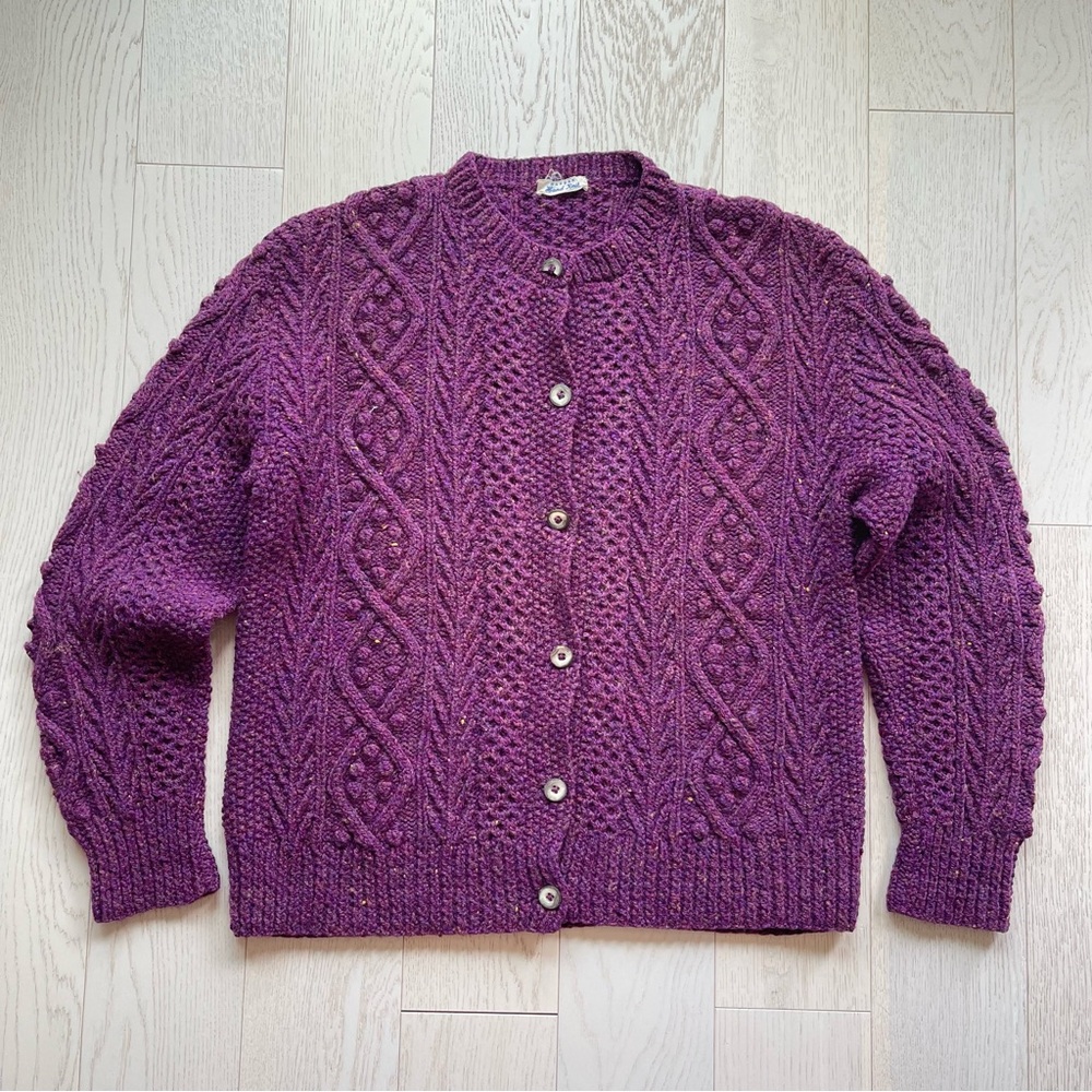 Vintage Mandan Hand Knit 100% Wool Cable Aran Fisherman Chunky Sweater Cardigan - Picture 3 of 14